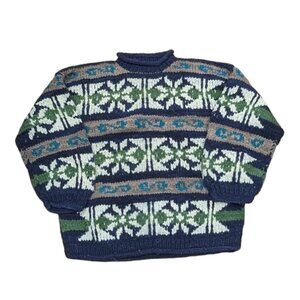 Otavalo Ecuador Blue White 100% Wool Fair Isle Mock Neck Cable Knit Sweater XL?